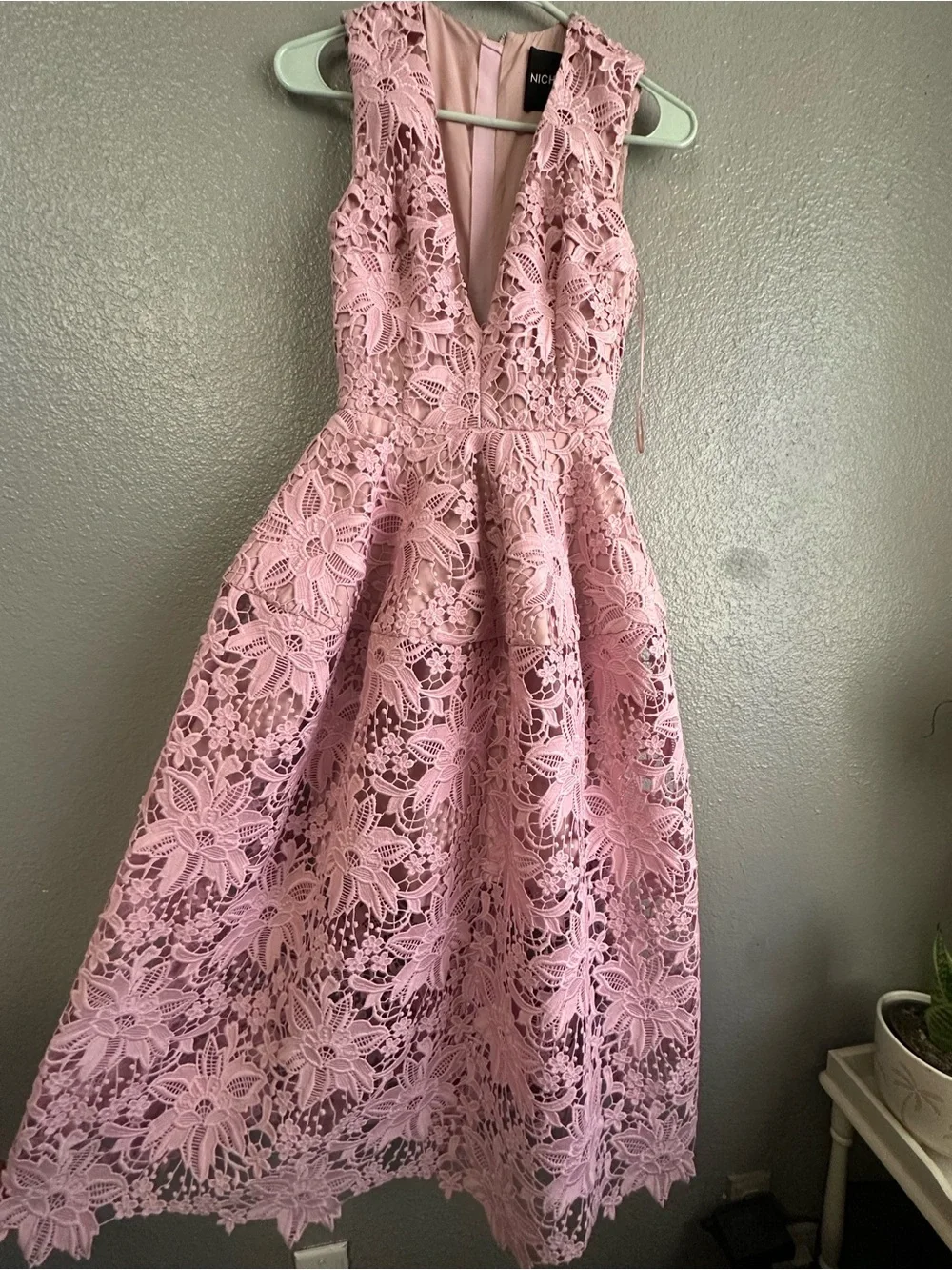 NICHOLAS Pink Floral Lace Midi Dress with Deep V